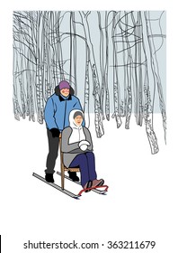 Skating couples on a kicksled at the Park.