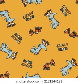 Skating Crazy Dino All Over Pattern Print on Yellow Background For Kidswear and other uses