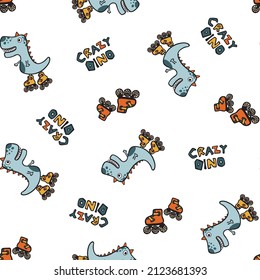 Skating Crazy Dino All Over Pattern Print on White Background For Kidswear and other uses