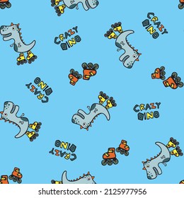 Skating Crazy Dino All Over Pattern Print on Blue Background For Kidswear and other uses