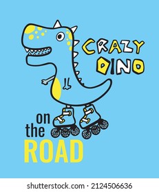 Skating Crazy Dino Print on Blue Background For Kidswear and other uses