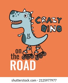 Skating Crazy Dino Print on Orange Background For Kidswear and other uses