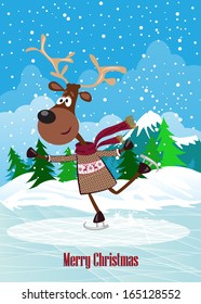 Skating deer. Vector card. Christmas background.