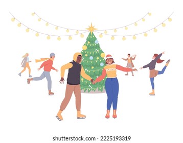 Skating enthusiasts semi flat color vector characters. Editable figures. Full body people on white. Winter wonderland. Simple cartoon style illustration for web graphic design and animation