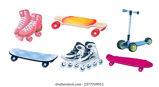 Skating equipment set vector illustration. Cartoon isolated inline roller blades and skates for skating, drop down and penny, freestyle and classic skateboards, kick scooter for kids and adults