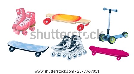 Skating equipment set vector illustration. Cartoon isolated inline roller blades and skates for skating, drop down and penny, freestyle and classic skateboards, kick scooter for kids and adults