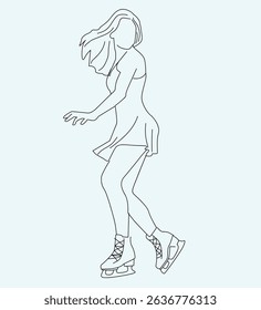 skating girl hand drawn lineart. vektor woman playing ice skating. line art