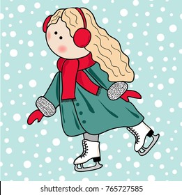 Skating girl. Picrure of cute doll in the skates on the snowing background.