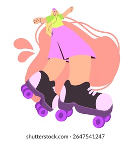Skating girl in wide stance wearing green and purple outfit with large roller skates