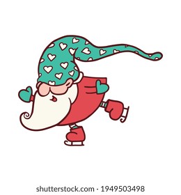 Skating gnome or old dwarf cartoon character flat vector illustration isolated.