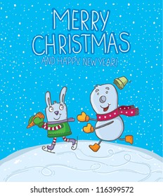 Skating happy snowman with christmas tree