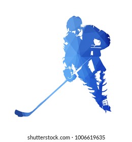 Skating ice hockey player, abstract blue geometric vector silhouette. Front view