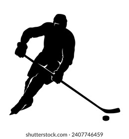 Skating ice hockey player with stick and puck black silhouette isolated on white. Realistic shape in stencil style. Vector picture for professional competition illustration, sport design, engraving.