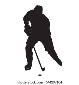 Skating ice hockey player vector silhouette, front view