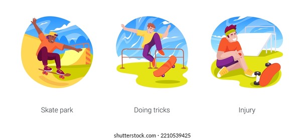 Skating isolated cartoon vector illustration set. Young skater teenage boy jumping with skateboard, skate park ramp, doing flip trick, extreme sport injury, teen fell off board vector cartoon.