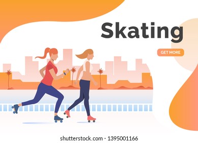 Skating lettering, skater women and distant buildings. Lifestyle, activity, leisure concept. Presentation slide template. Vector illustration can be used for topics like summer, holiday, sport