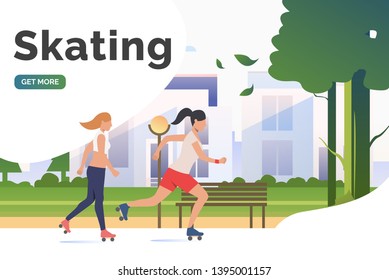 Skating lettering, skater women in park with distant buildings. Lifestyle, activity, leisure concept. Presentation slide template. Vector illustration for topics like summer, holiday, sport