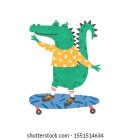 Skating little crocodile flat vector illustration. Smiling alligator, small cartoon crocodylus riding skateboard. Cute predator, wild animal, reptile doing sport isolated on white background.