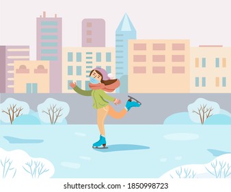Skating in mask, protect yourself and have fun. Vector illustration