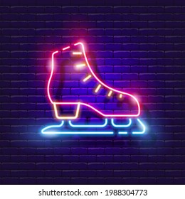 Skating neon icon. Winter active outdoor leisure ice skates. Skate rental sign. Winter sports concept. Sports figure skating.