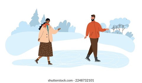 Skating on ice rink outdoors. Man and woman outdoors on ice. Active lifestyle and recreation, sports and cardio training, entertainment. Winter season and snow. Cartoon flat vector illustration