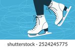 Skating on rink vector illustration. Winter sport background with space for text. White skates cartoon illustration