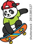 Skating panda in red cap and green shirt doing cool tricks.