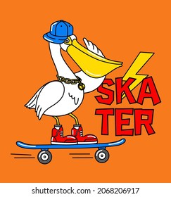 SKATING PELICAN WITH CAP AND SKATEBOARD