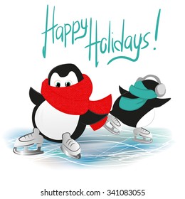 skating penguins happy holidays vector card, first time skating