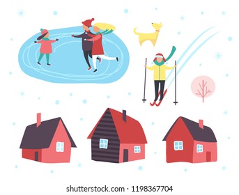 Skating people, family with dog on winter ice rink vector. Houses with chimneys, tree and snowing weather. Person going downhill on skiing equipment.