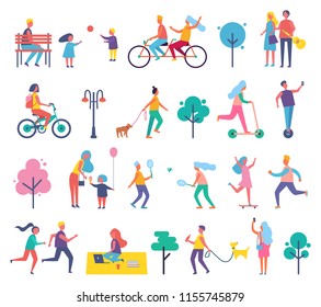 Skating person on scooter isolated icons set vector. People playing tennis, catching butterflies and riding bicycle. Guitarist walking with woman