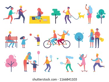 Skating person on scooter isolated icons set vector. People playing tennis, catching butterflies and riding bicycle. Guitarist walking with woman