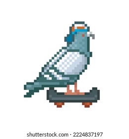 Skating pigeon, pixel art illustration