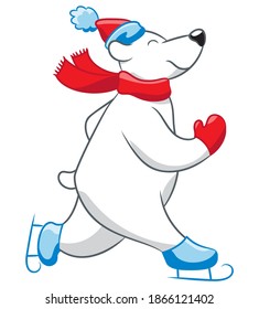 Skating polar bear cartoon. Polar bear wearing a hat, scarf, mittens, and ice skates. 