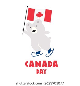 Skating polar bear with flag of Canada. Canada day. Flat illustration on white background.