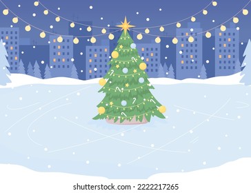 Skating rink decorating for New Year flat color vector illustration. Xmas holiday celebration. Wonderland scene. Fully editable 2D simple cartoon cityscape with Christmas scenery on background