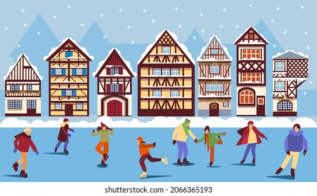 skating rink with different people on the background of an ancient European city. The scene of a winter holiday with men and  women on the ice rink of the park. illustration in cartoon flat style