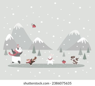 Skating rink in the mountains. Panda, rabbit, capybara and red panda skating in the mountains vector illustration.