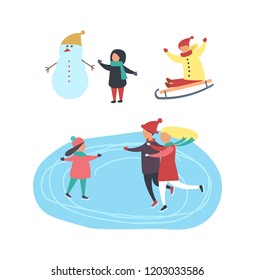 Skating rink and people having fun, children playing with snow vector. Snowman building by child, kid riding downhill, down slope sitting on sledges