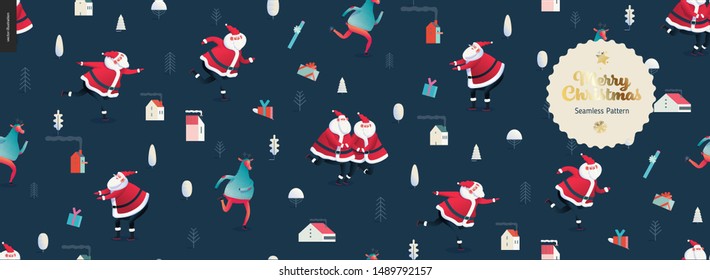 Skating Santa Clauses and Deers -Merry Christmas and New Year seamless pattern - modern flat vector concept illustration of cheerful Santa Clauses and deers wearing sweater, skating on the ice rink