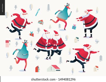 Skating Santa Clauses and Deers - Merry Christmas and New Year illustration - modern flat vector concept illustration of cheerful Santa Clauses, their deers wearing sweater skating on the rink