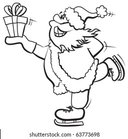 Skating Santa with gift b&w. Vector.