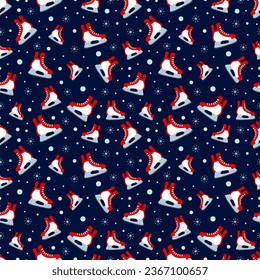 Skating seamless pattern. Winter sports vector illustration. Ice skates symbols on a dark background. Outdoors repeated texture. Winter activities template wallpaper. Cute childish print.