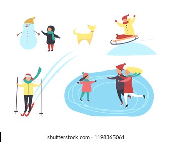 Skating and skiing people on rink in winter season vector. Holiday activities kid building snowman from snow, child riding downhill sitting on sledges