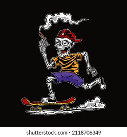 skating skull vector with black background illustration