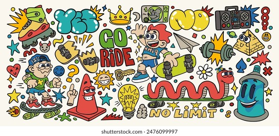 Skating stickers. Boys cool print. Music party. Cartoon street skater. Road cone. Retro emoji. Worm on skateboard. Funky acid style. Doodle happy characters. Hipster quote. Vector abstract patches set