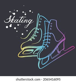 Patinaje, diseño de texto. Caligrafía vectorial. Usable como fondo, pegatinas. Un par de patines de colores sobre un fondo gris.  Dibujar patines de hielo a mano. Ilustración vectorial. letras