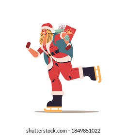 skating woman in santa claus costume with sack full of gifts happy new year merry christmas holiday celebration concept full length vector illustration