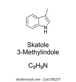 Skatole, 3-methylindole, chemical formula and structure. Organic compound, occurs naturally in feces of mammals and birds. Primary contributor to fecal odor, in low concentrations with flowery smell.