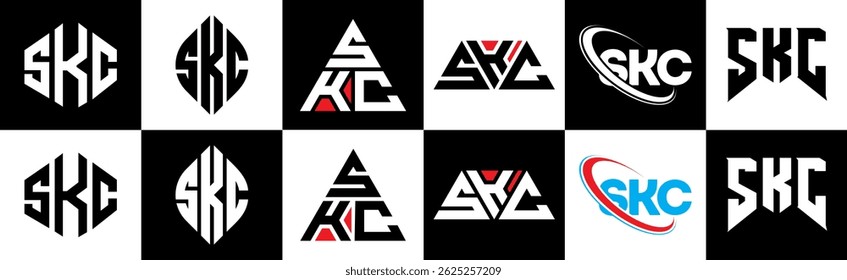 SKC letter logo design in six style. SKC polygon, circle, triangle, hexagon, flat and simple style with black and white color variation letter logo set in one artboard. SKC minimalist and classic logo
